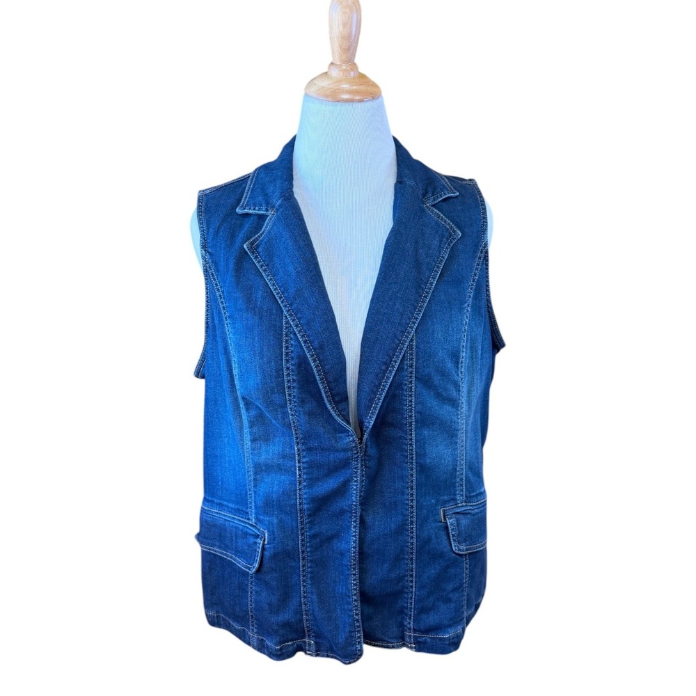 Coldwater Creek Dark Wash Denim Vest Open Front Stretch Pockets 18W